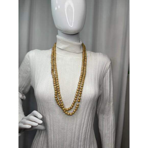 khaki tan wooden beaded necklace costume jewelry long wear wrapped tied - Picture 7 of 15